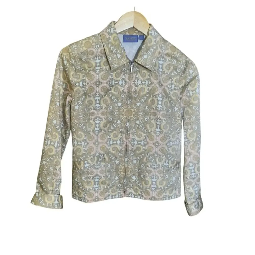 Pendleton Womens Tan Paisley Pattern Collared Neck Full Front Zip Jacket Size SP